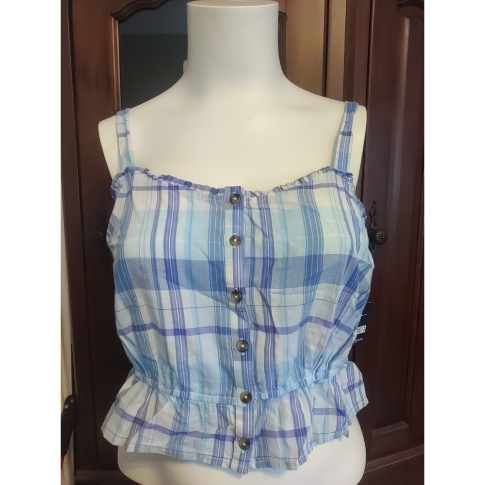 Lucky Brand Women Blue Plaid Front Button Down Peplum Ruffled Crop Tank Top L‎